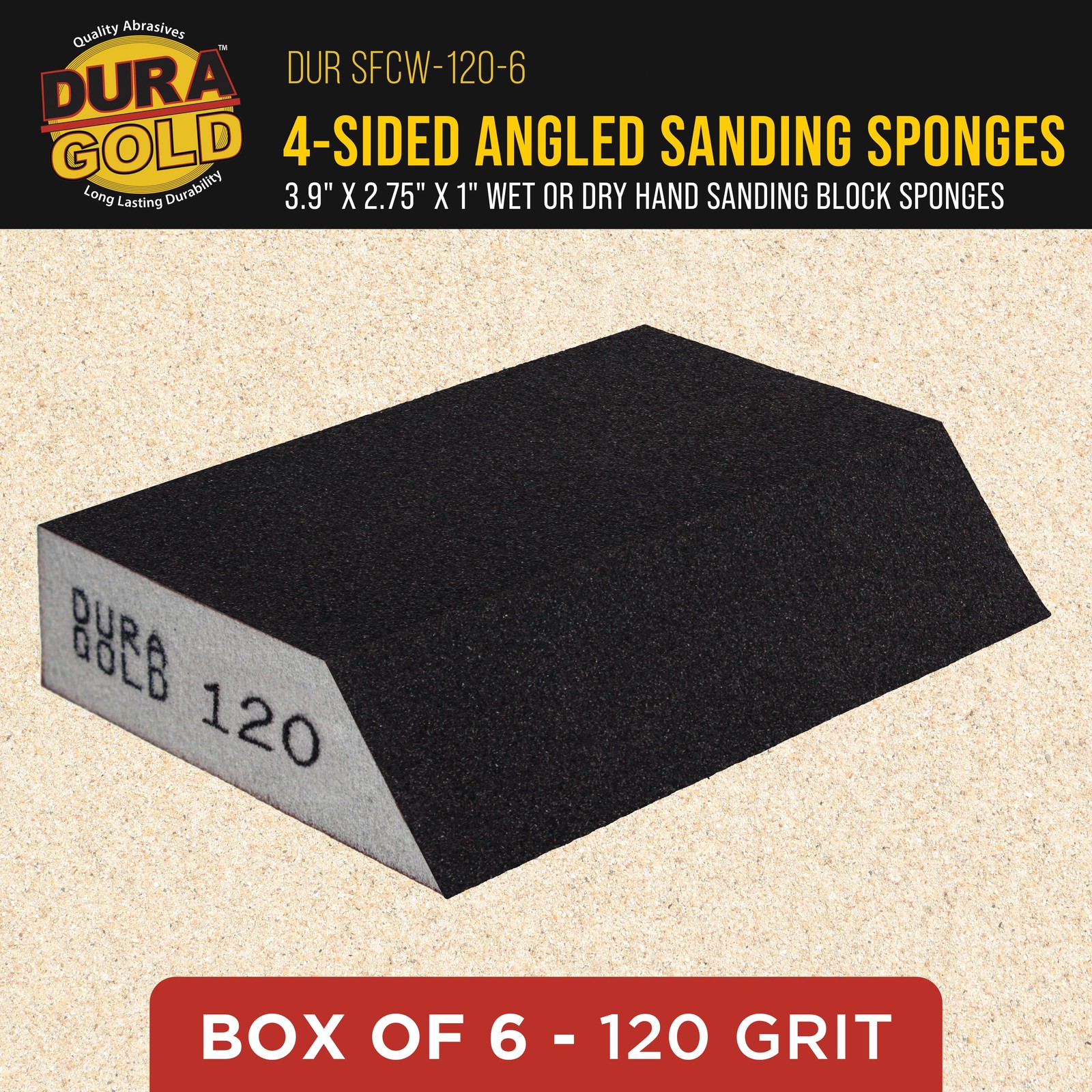 120 Grit Hand Sanding Block Sponges Angled Edge, Box of 6 – 3.9″ x 2.75″ Wet/Dry