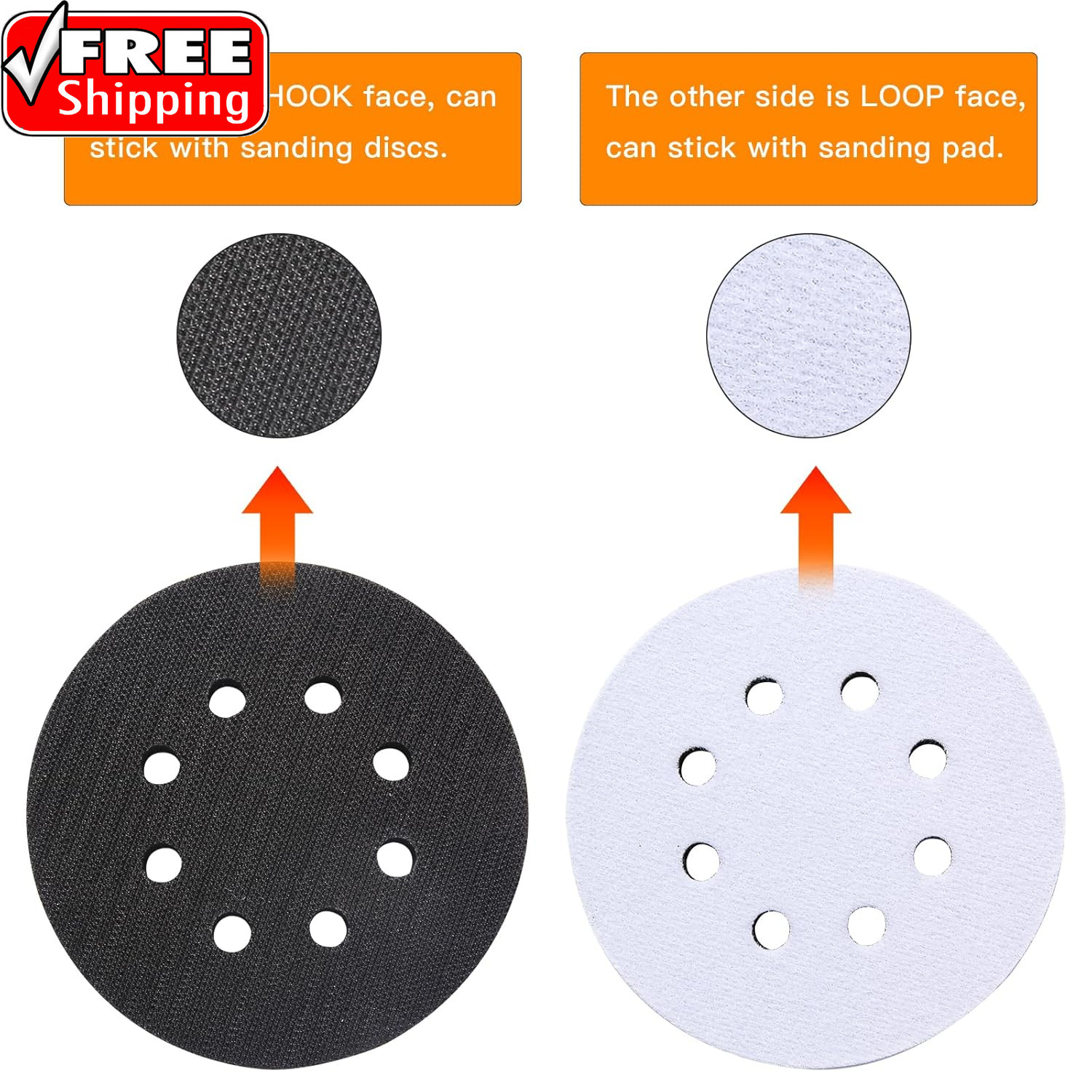 6 Pack 5 Inch 8 Hole Foam Sanding Pads, Soft Density Interface Pad, Hook and Spo
