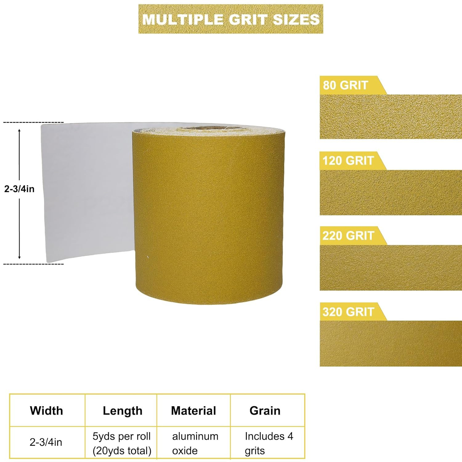 Total 20 Yards 2-3/4″ Wide Continuous Sandpaper Roll Kit – 80, 120, 220, 320
