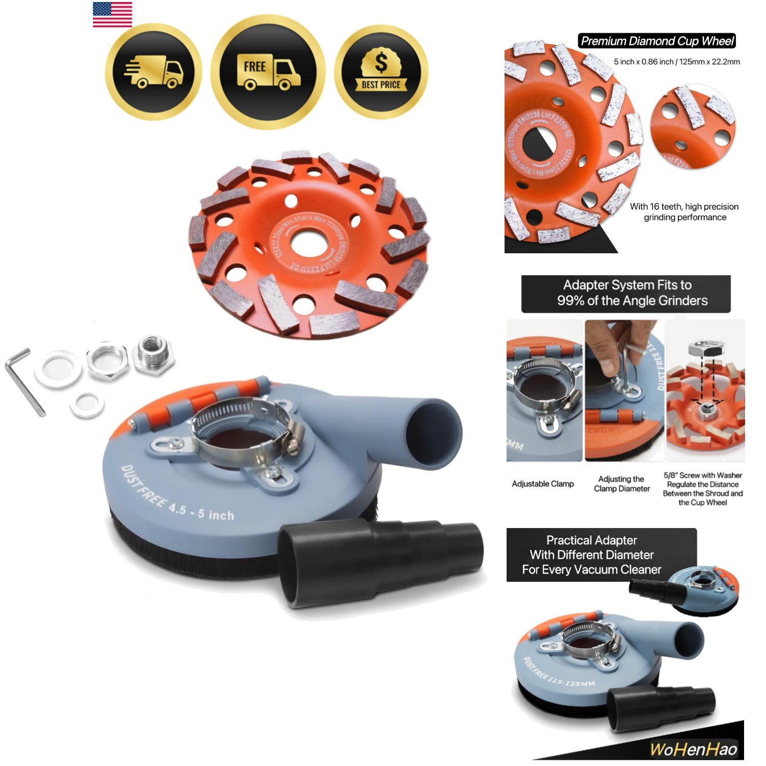 Dust Shroud for Angle Grinder 4.5-5 inch + Diamond Grinding Cup Wheel 5 inch,…