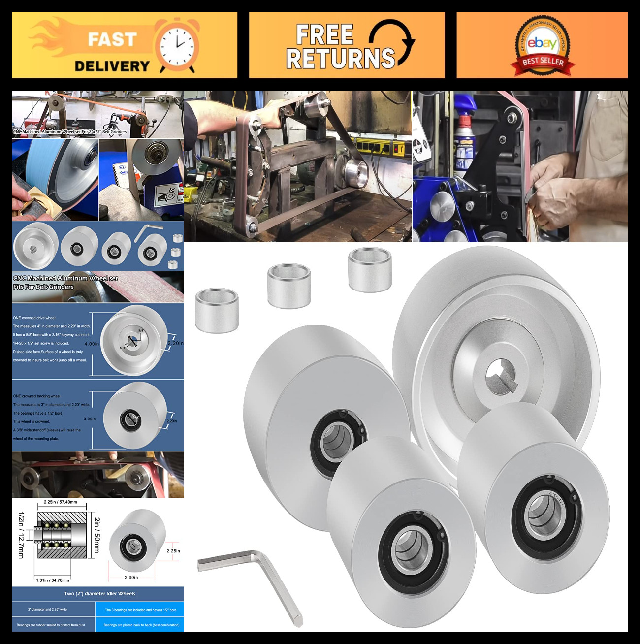 2×72 Belt Grinder Wheel Set for Knife Making – 4″ Drive, 5/8″ Bore, 3″ Track, 2″