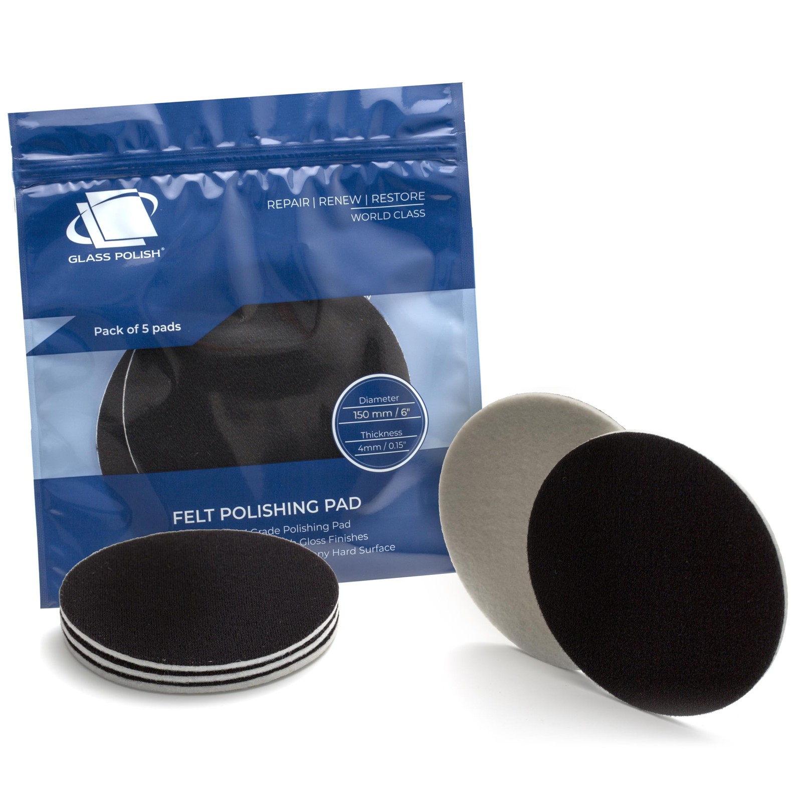 Glass Polish 6 inch (150mm) Pack of 5 Felt Polishing Pads for Polishing Glass, P