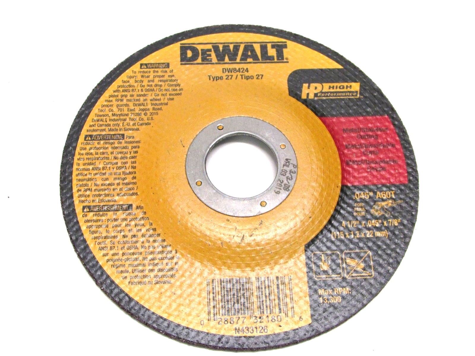 (2) DeWALT 4-1/2″ x .045″ x 7/8″ HP METAL / STAINLESS CUT-OFF WHEELS, DW8424