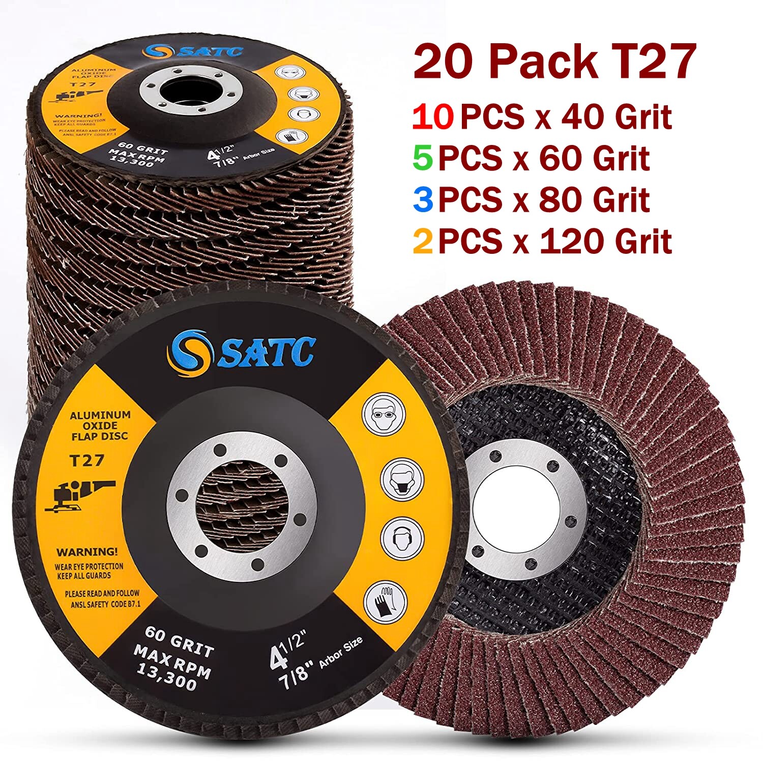 20PCS 4.5″ AO Type27 Flap Discs 40/60/80/120 Assorted Grir Grinding Wheels 115MM