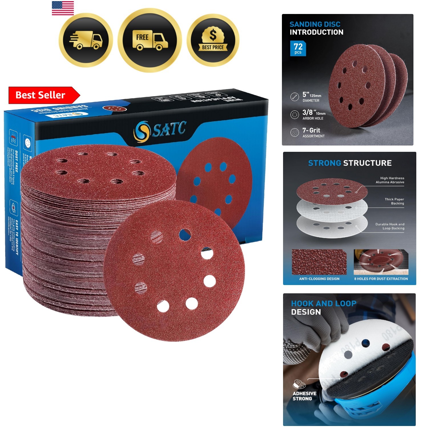 72 PCS 5 Inch 8 Hole Hook and Loop Adhesive Sanding Discs Sandpaper for Rando…