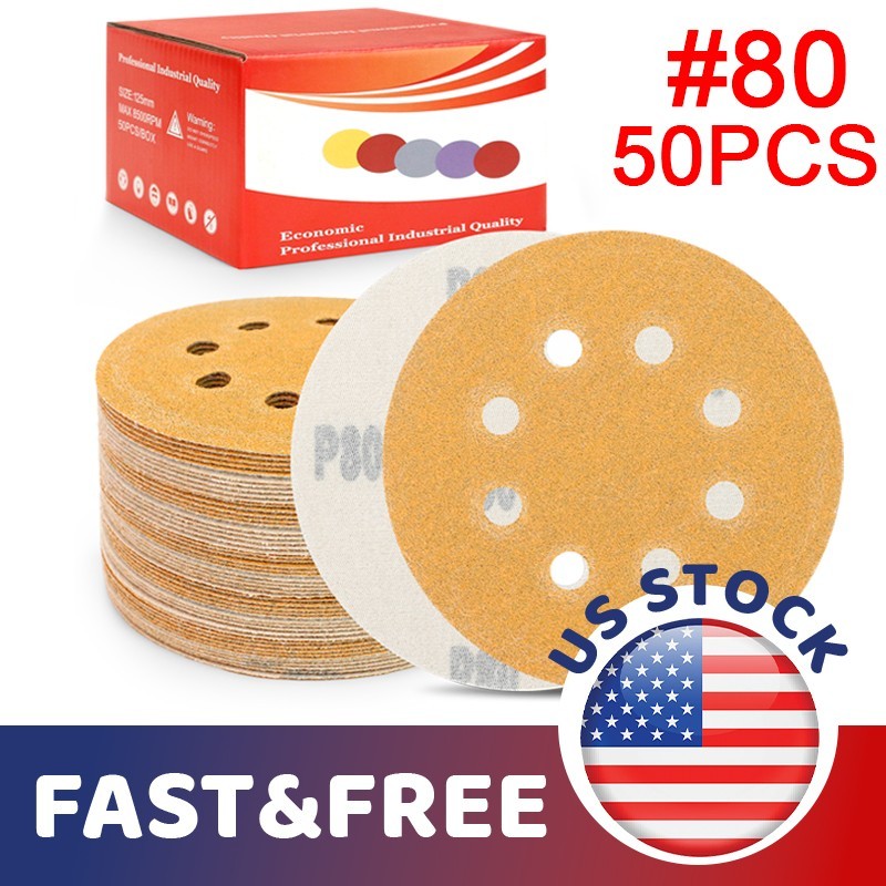50 PACK 5 inch Sanding Discs 8-Hole Hook Loop for Orbital Sander Paper 80 Grit