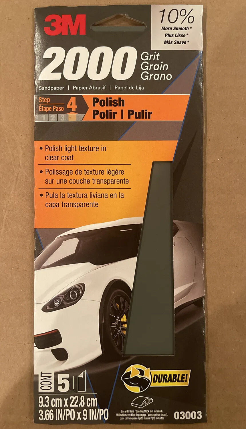 3M 2000 Grit Sandpaper, 03003, 9.3 cm x 22.8 cm ( 3.66” x 9”) Step 4 Polish 5 Ct