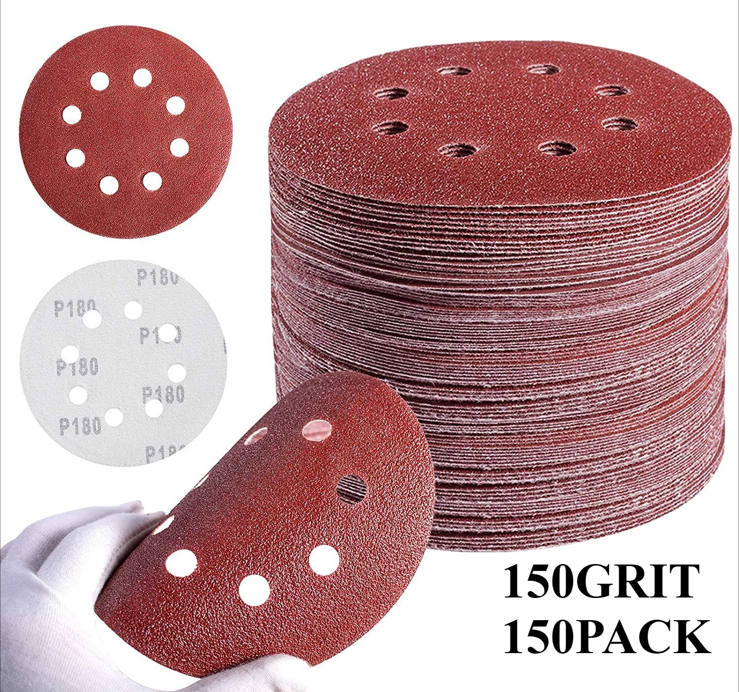 150PCS 5″ Sanding Discs 150 Grit Hook and Loop 8-Hole Orbital Sander Paper 125mm