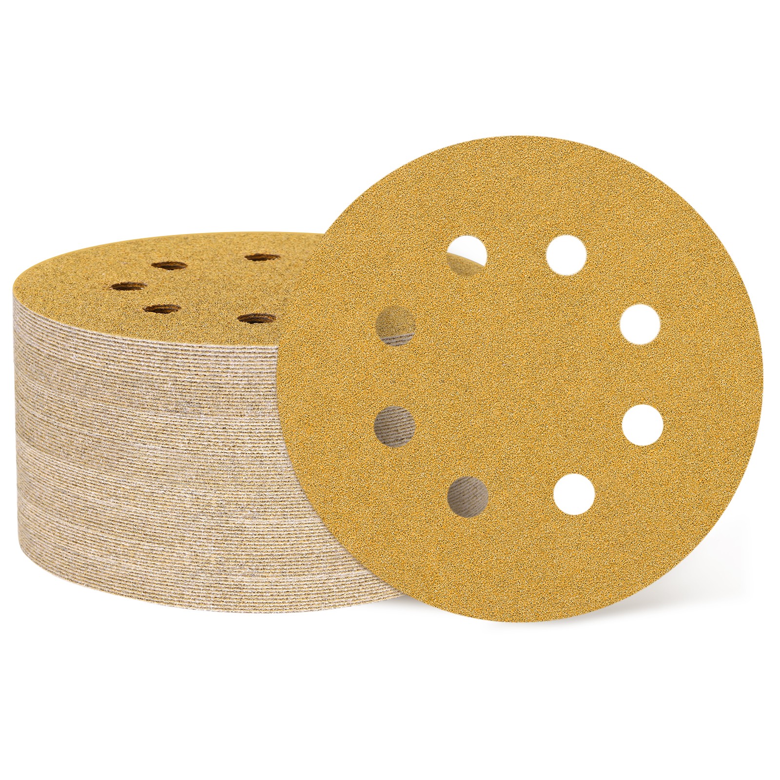 200 Pcs 5 Inch Sanding Disc 8 Hole 60 Grit Hook and Loop Sandpaper, Gold