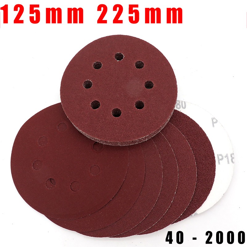 125mm 225mm Red Sanding Discs Hook Loop Sandpaper Pads 8 Hole Grit 40 – 2000