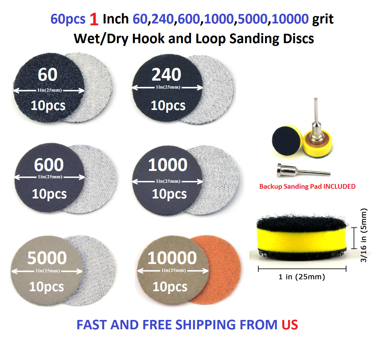 60pcs 1 Inch 60,240,600,1000,5000,10000 grit Wet/Dry Hook and Loop Sanding Discs