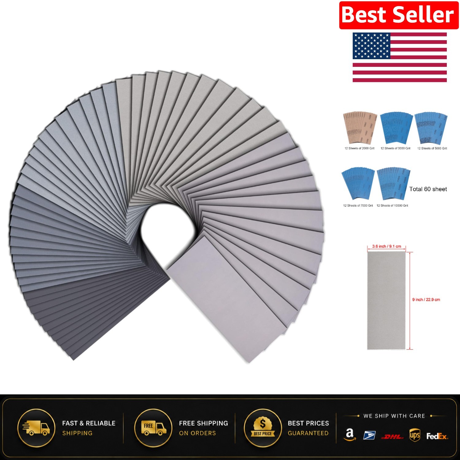 60 Piece Fine Grit Sandpaper Assortment – 2000 to 10000 Grit Sheets 9×3.6 Inch
