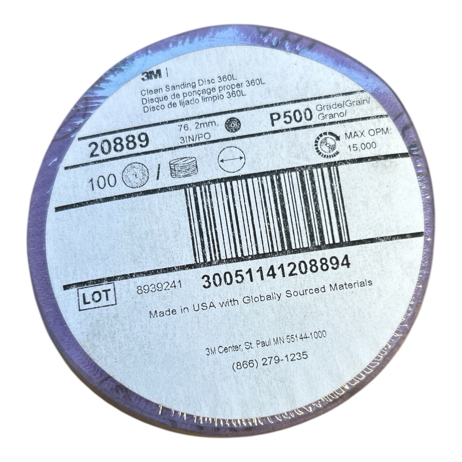 3M Clean Sanding Disc 360L P500 Grit 3in 100pc