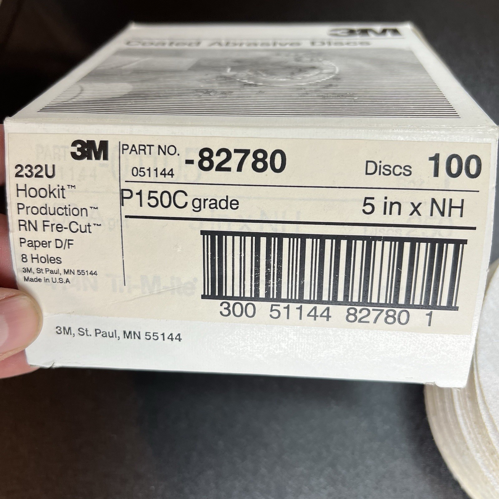 3M Abrasive Discs #82780, 232U Hookit RN Fre-Cut P150C 5″xNH, NOS box of 100