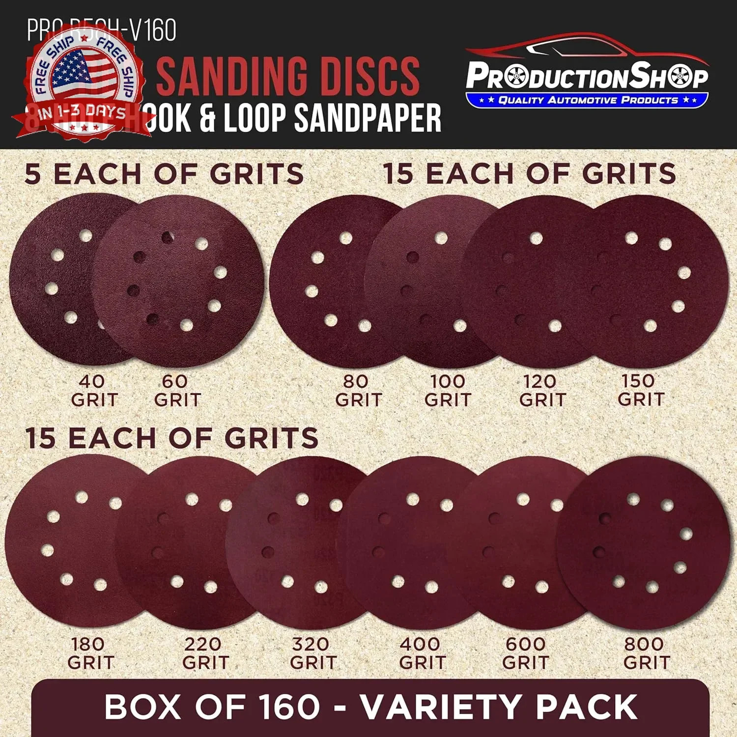 5″ Red 8-Hole Pattern Sanding Discs, 160 Disc Variety Pack, Grits