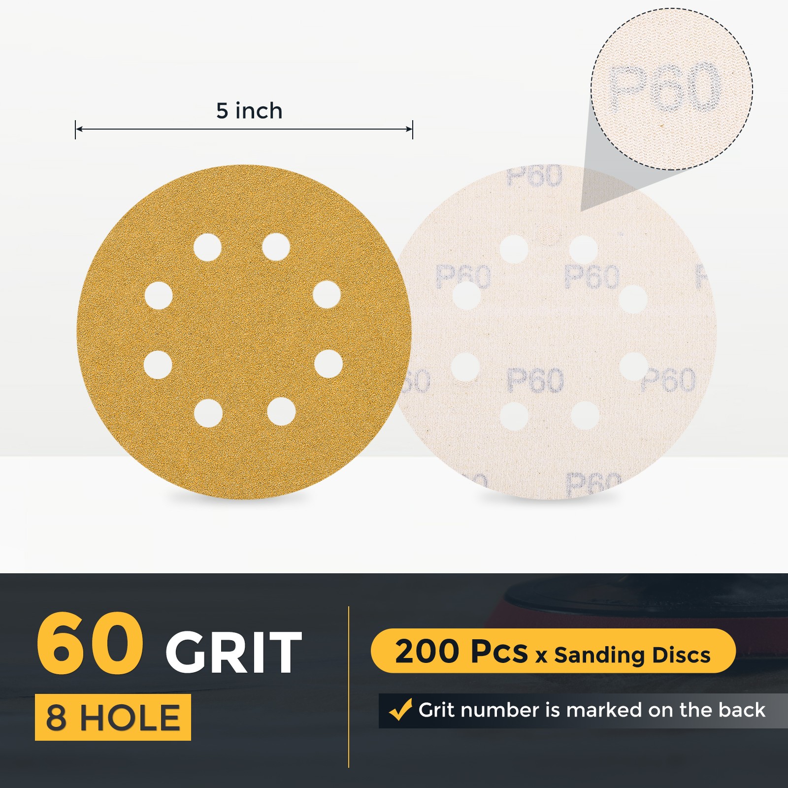 200 Pcs 5 Inch Sanding Disc 8 Hole 60 Grit Hook and Loop Sandpaper, Gold