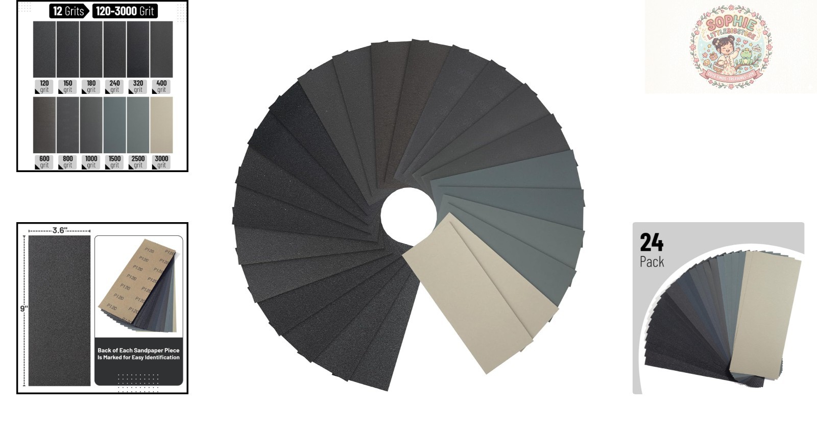 Durable Bates Sandpaper Pack – 24 Sheets from 120 to 3000 Grit for All Surfaces