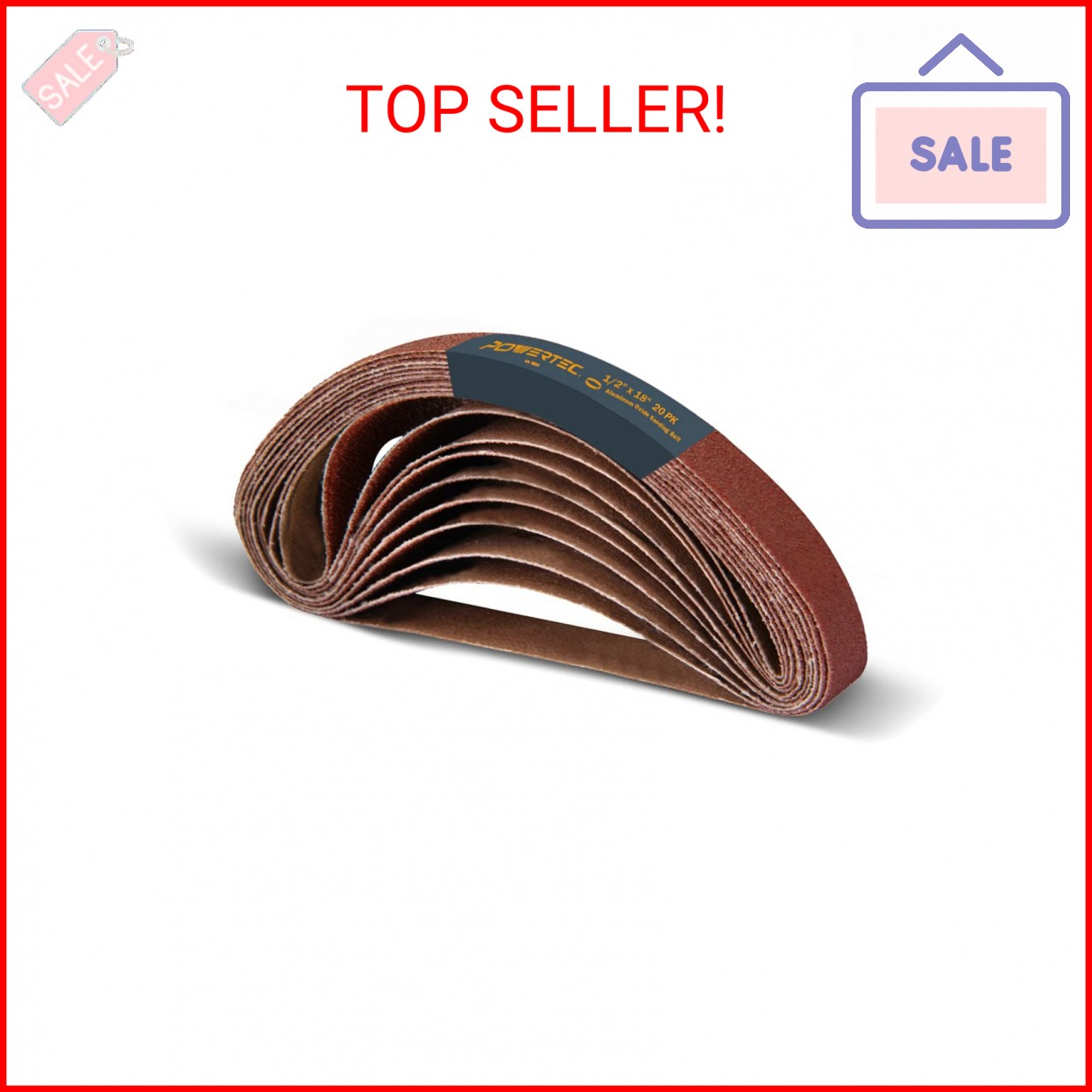 POWERTEC 1/2 x 18 Inch Sanding Belts, 20PK, 40 Grit Aluminum Oxide Belt Sander S