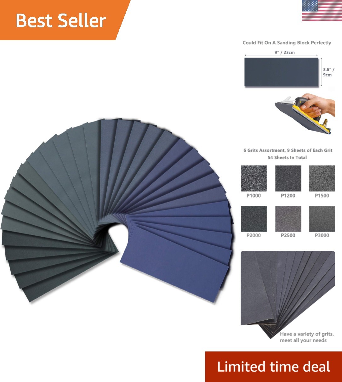 Versatile 54 Sheets of Wet/Dry Sandpaper with Grits 1000-3000 for Professionals