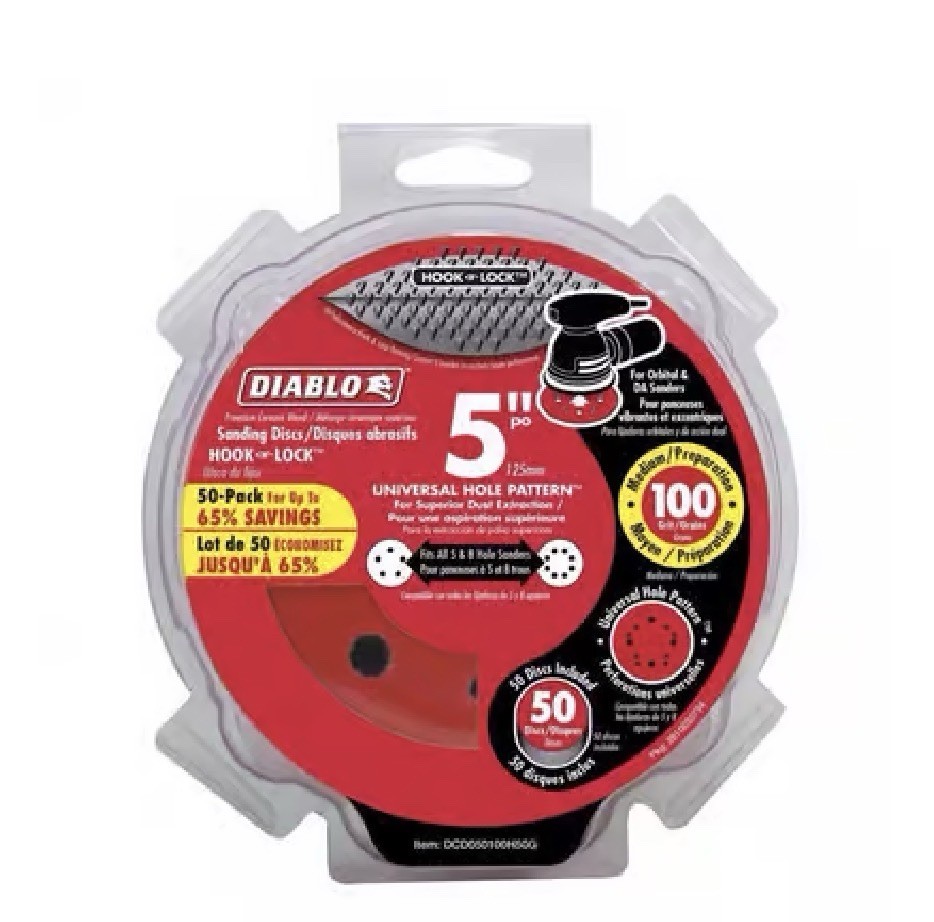 Diablo 5” 100 Grit Sanding Discs 50 Pack Hook & Loop Orbital Sander Universal