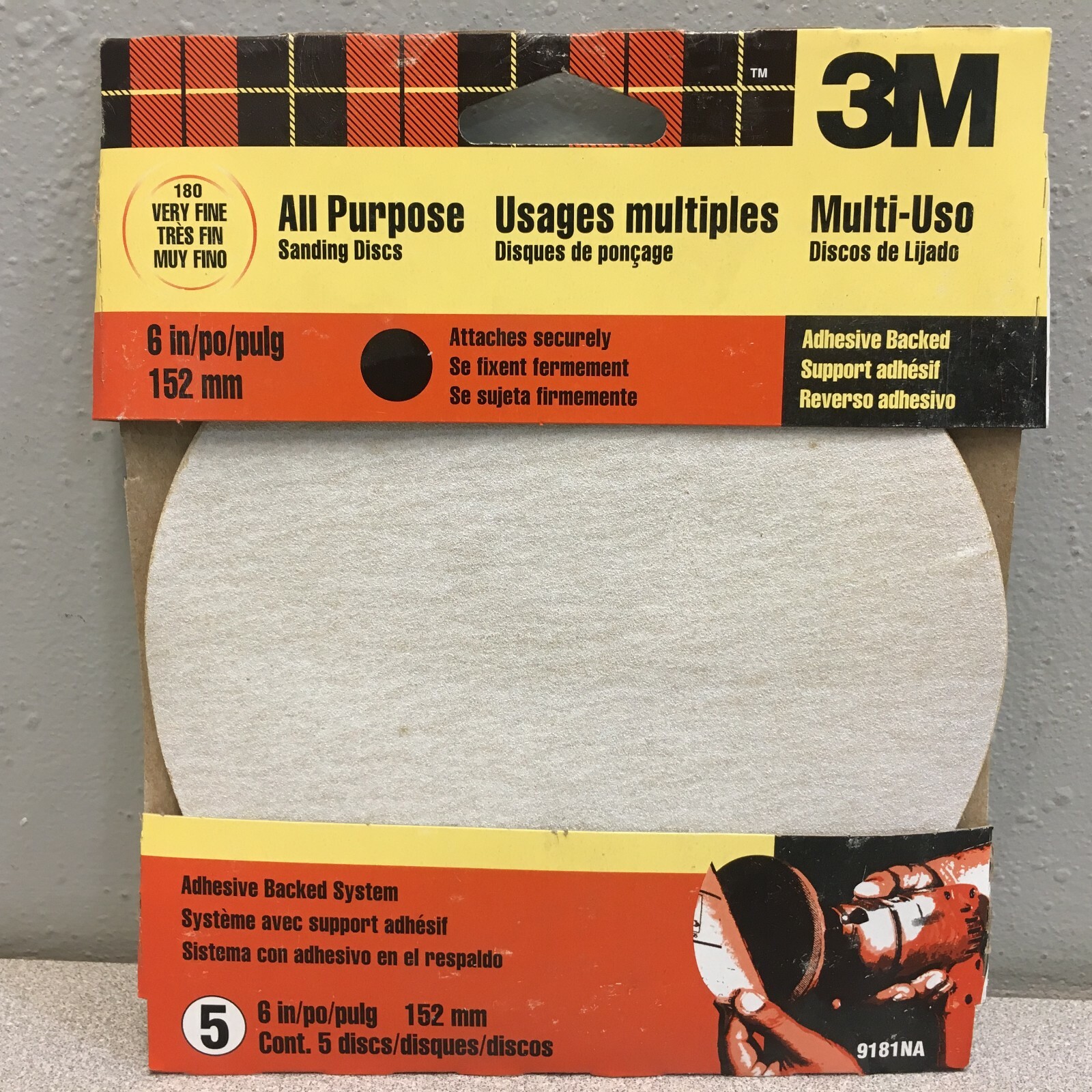 3M 9181DC-NA 6 in. Aluminum Oxide Adhesive Sanding Disc 180 Grit Extra Fine 5 pk
