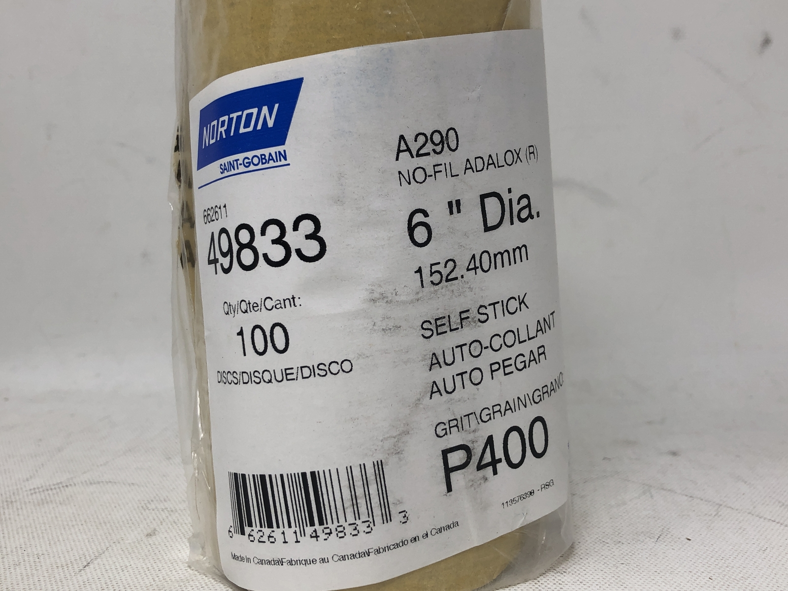 Norton Saint-Gobain 66261149833 Paper PSA Disc Roll 6″ Dia. P400 Grit (100pcs)