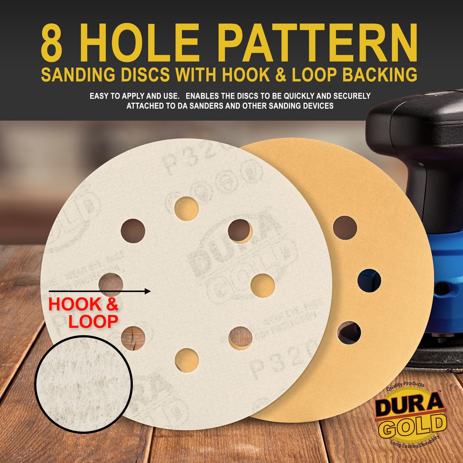 Dura-Gold Premium 320 Grit 5″ Sandpaper Discs, 8 Hole Pattern 320-Grit – Gold