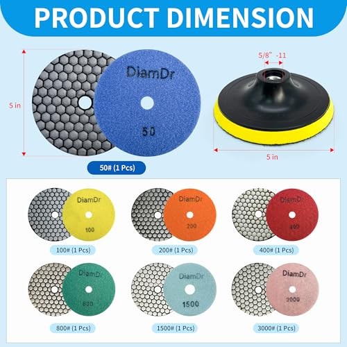 Dry Diamond Polishing Pads,5 Inch Polishing Pads Set of 8 Pieces Plus 5 INCH