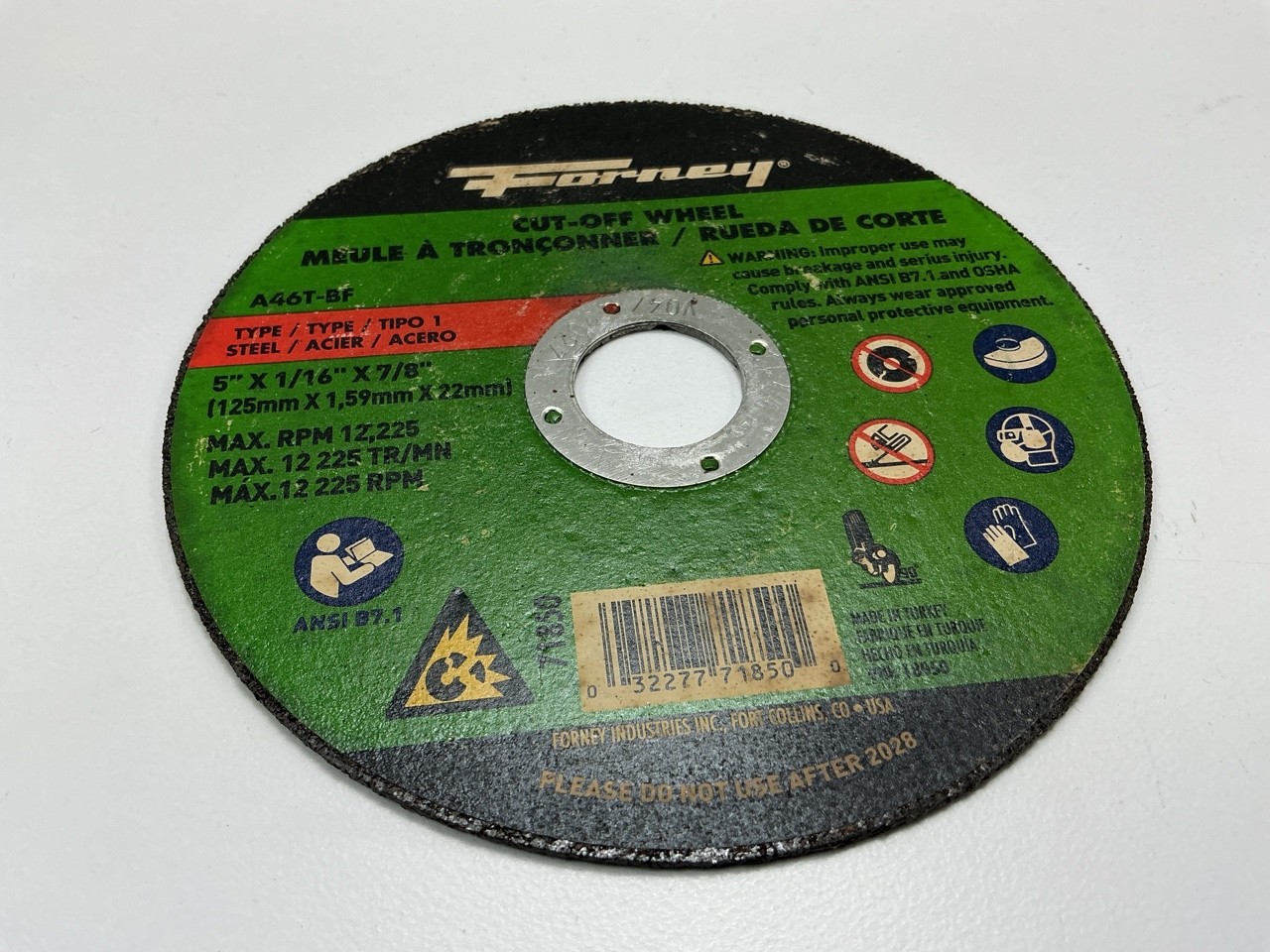 Forney 71850 Cut-Off Wheel, Metal, Type 1 (Flat), 5 In X 1/16 In X 7/8 In