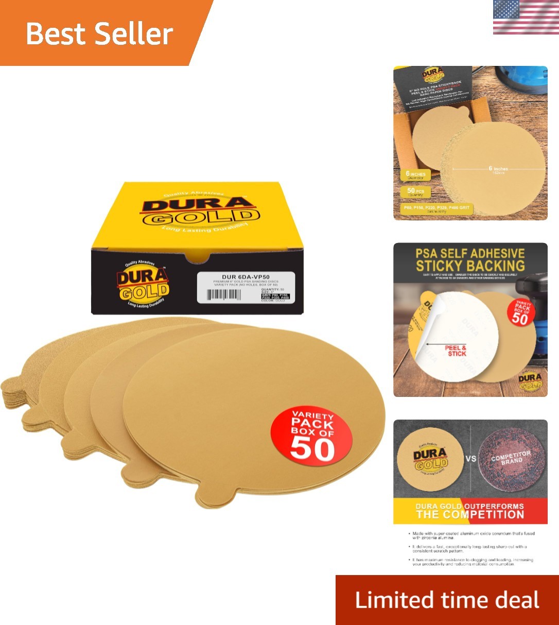 High-Performance 6″ Gold Sanding Discs Set – 50 Pieces, Ideal for Wood & Metal