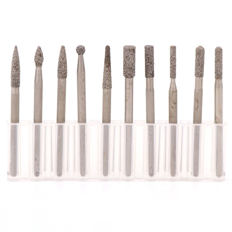 10pcs/set 3mm Shank Brazed Diamond Grinding Heads Burr Drill Bits Carving Tool