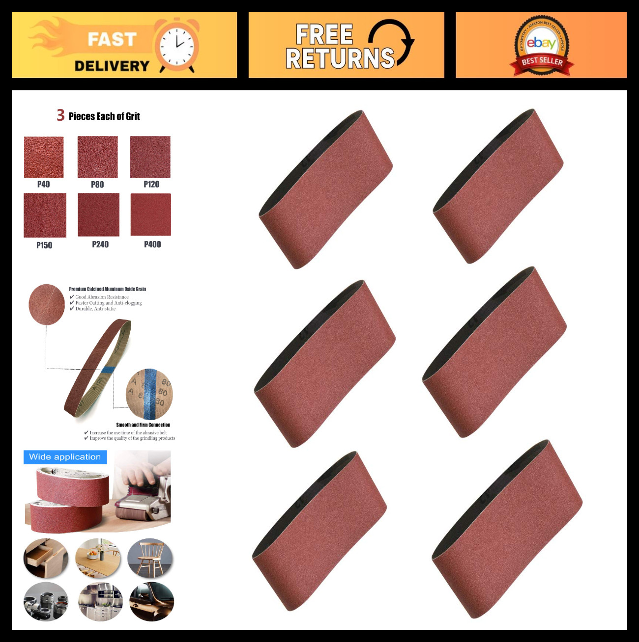 2.5″x16″ Sanding Belts – Aluminum Oxide Assortment, 18 Pack, 40-400 Grits, Durab