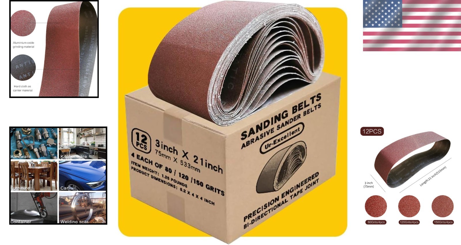 12 3×21 Sanding Belts – Antistatic, Washable, Multiple Grits Included