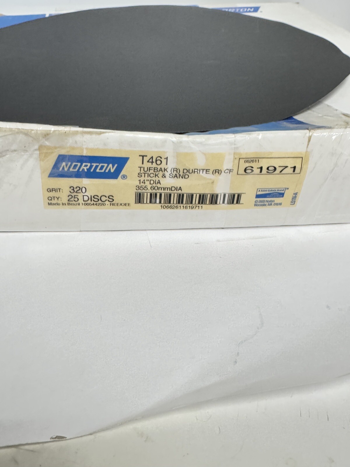 25-Pk Norton 14″ T461 Tufbak Durite Disc 320 Grit 61971 Stick & Sand
