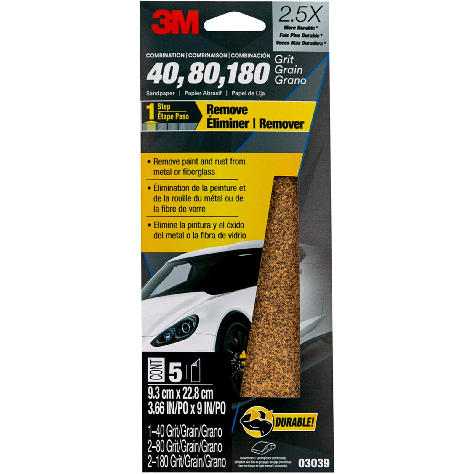 3M Sandpaper, 03039, Assorted Grits (40, 80, 120), 3 2/3 in x 9 in, 5 Sheets