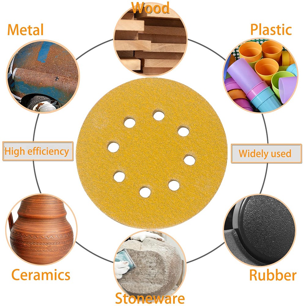 5″ 8 Hole Hook & Loop Sanding Discs Yellow Flocked Back Sandpaper Sheets