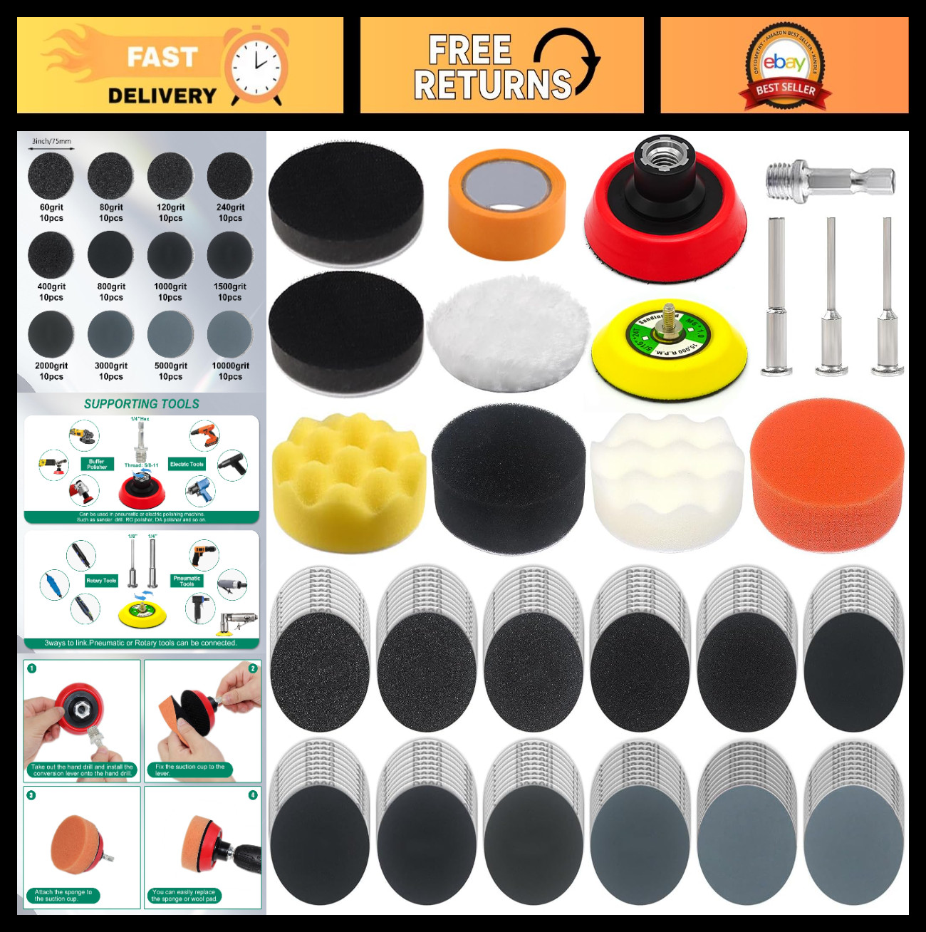 134 Pack 3″ Wet Dry Sanding Discs Kit, 60-10000 Grit, Buffing Pads & Adapters