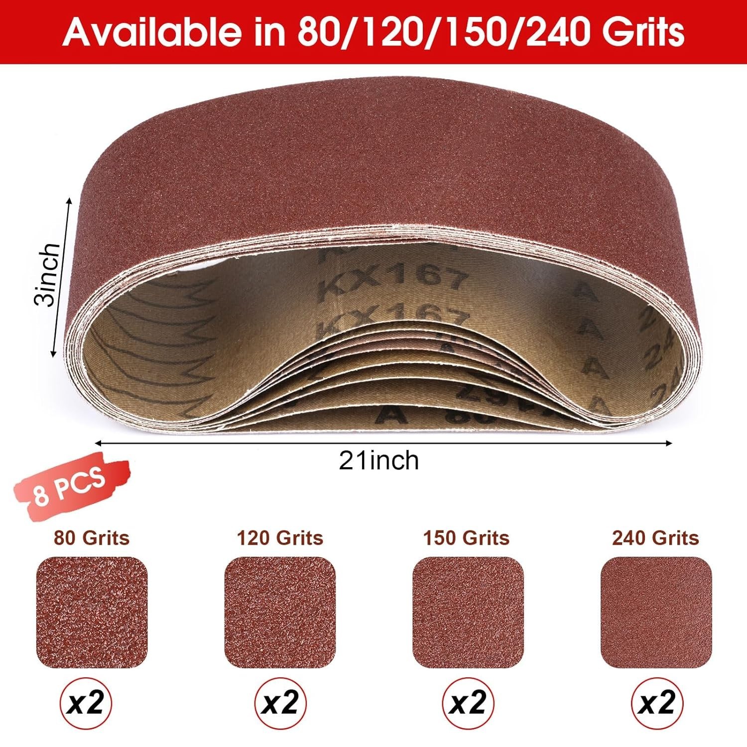 Versatile 8 Pcs 3×21 Sanding Belts with Aluminum Oxide – Ideal for Woodworking