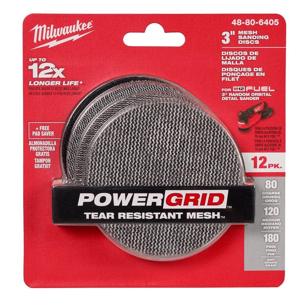 Milwaukee 3″ Mesh Sanding Discs 12Pk 80/120/180 Grit + Pad Saver 48-80-6405