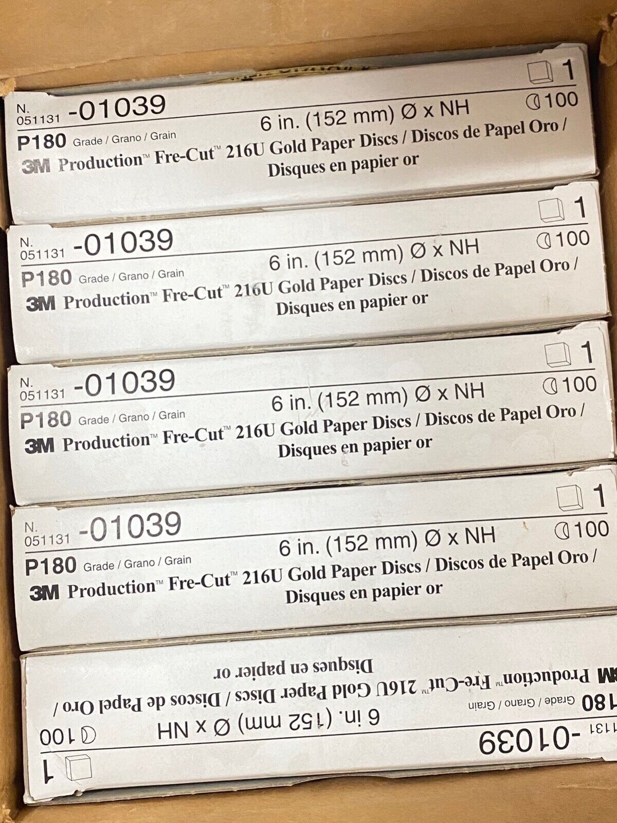 100 new 3M Production Fre-Cut 216U (6″ x NH) P180 Grit Gold Paper Sanding Discs
