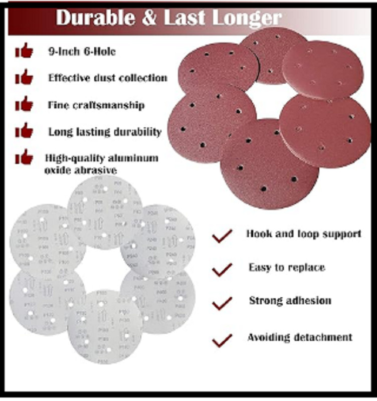 50 Pcs 9-Inch 6-Hole Hook-And-Loop Sanding Discs Sander Paper for Drywall Sander