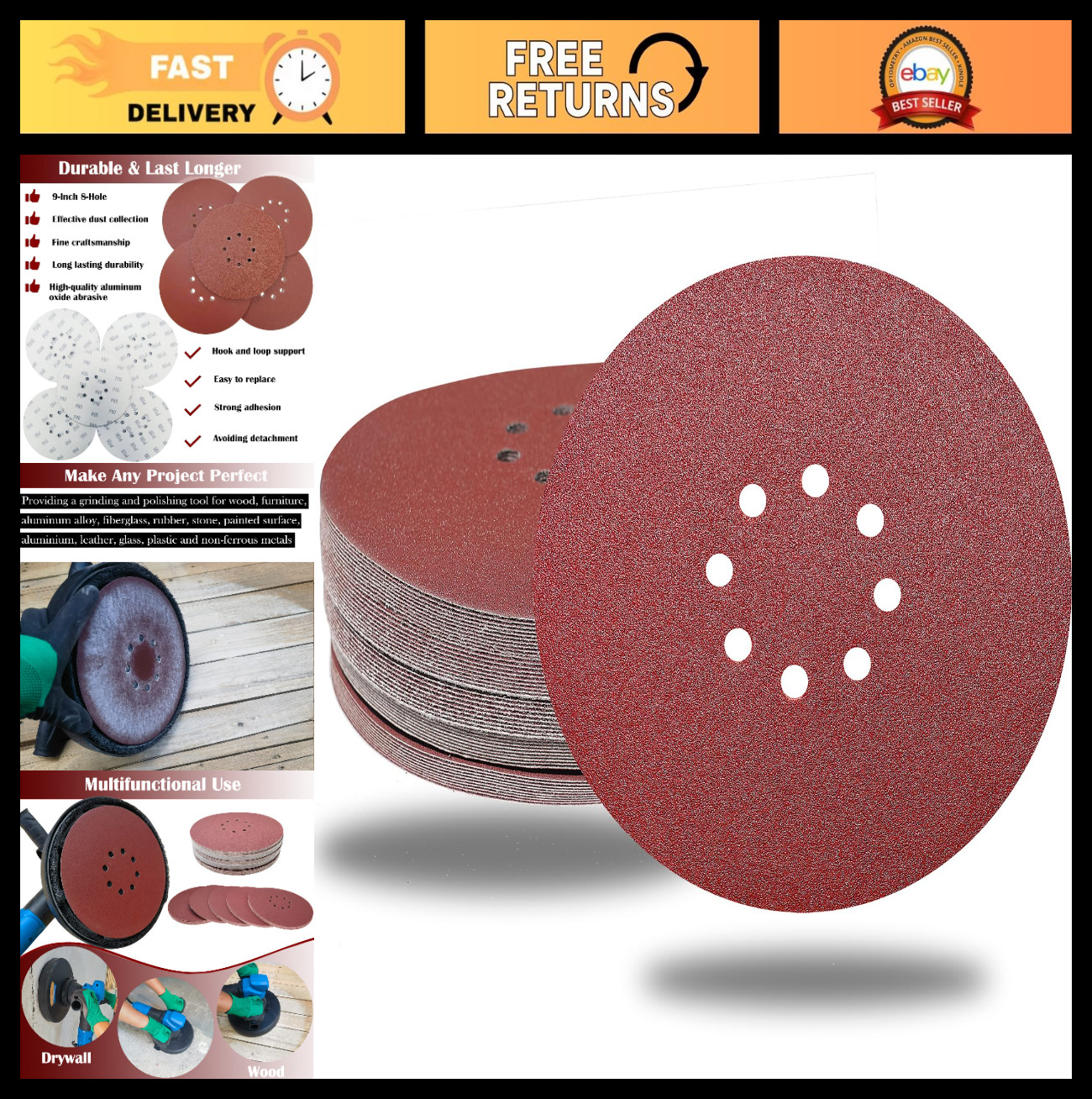 50 PCS 9″ Drywall Sanding Discs – 60-240 Grit Hook-and-Loop Sandpaper for Home U
