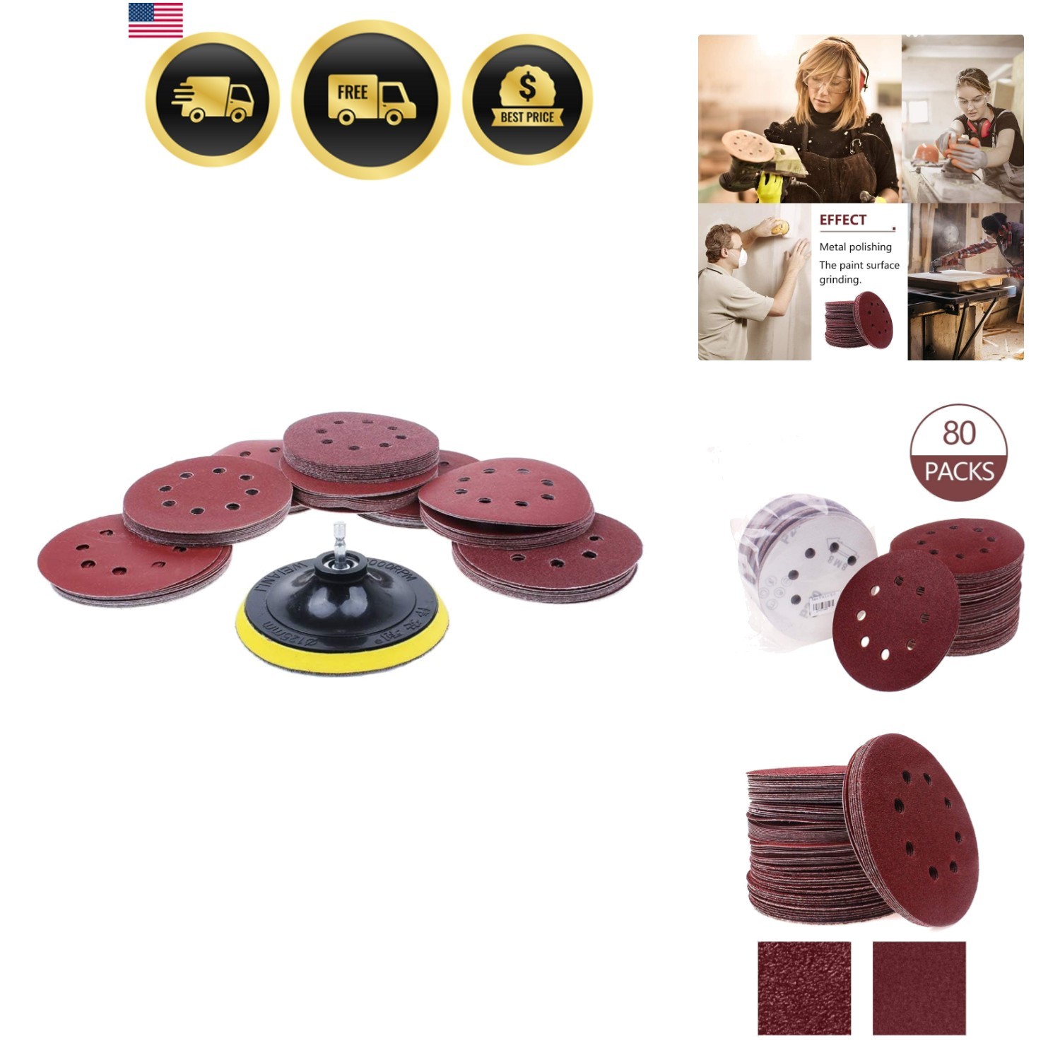 80 Pack 5 inch Sanding Discs Kit 8 Hole Sander for Drill Polishing Pad Hook a…