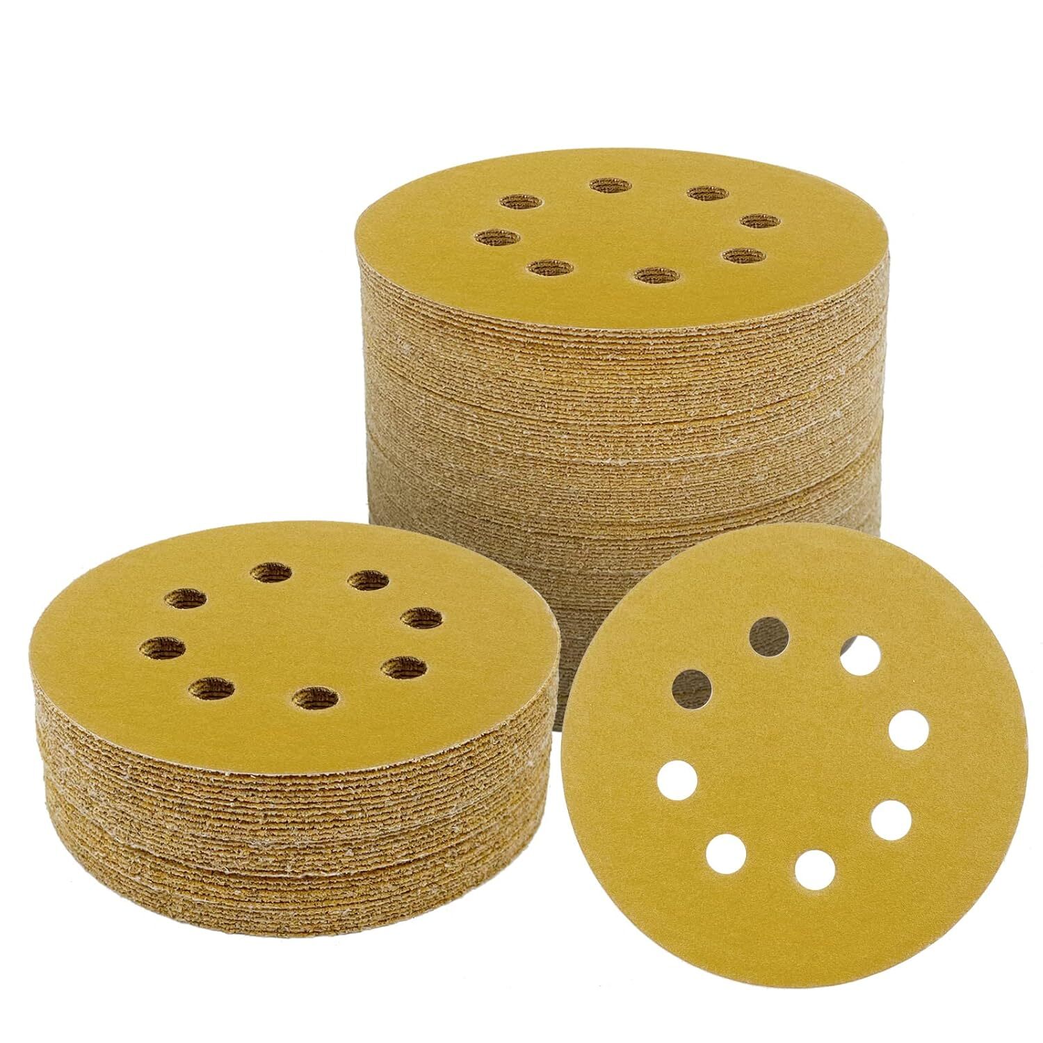 200PCS 5″ Premium Aluminum Oxide Gold 8 Holes Hook Loop Discs 240 Grit for Metal