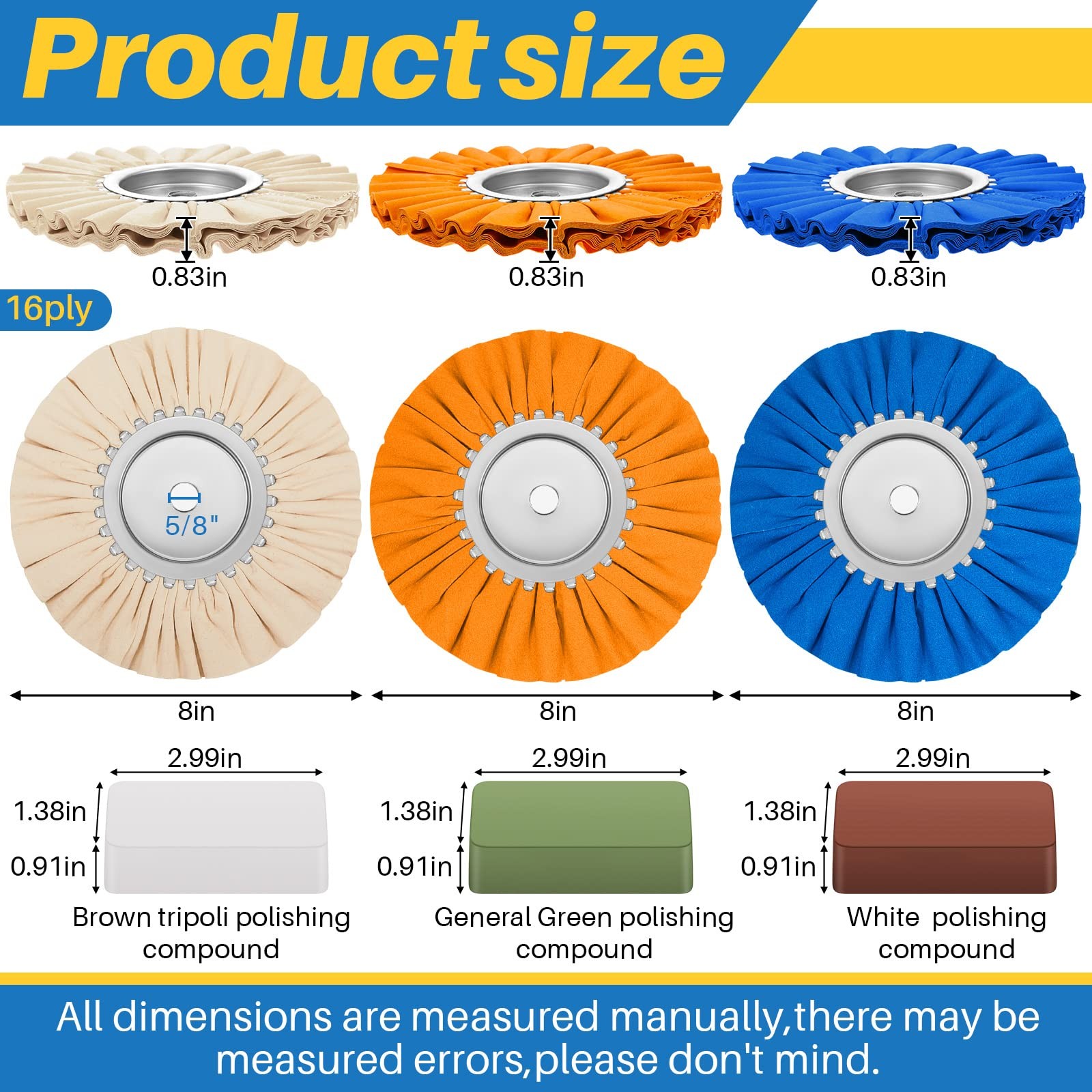 7 Pcs 8″ Airway Buffing Wheel Kit in Diameter 5/8″ in Arbor Hole, Aluminum Metal
