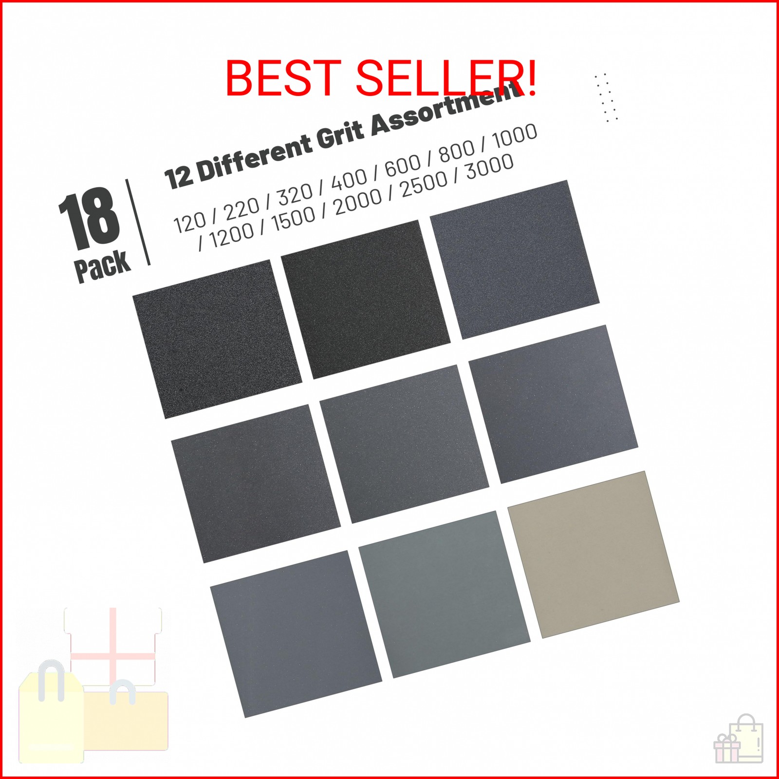 Bates 18 Pack Sandpaper – 12 Grits, 120 to 3000 Assorted Grit for Metal, Wood, A