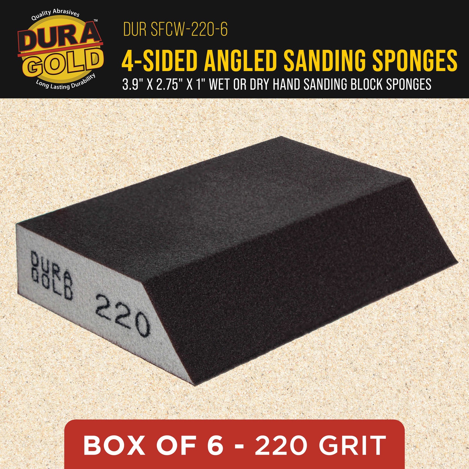 220 Grit Hand Sanding Block Sponges Angled Edge, 6/Box – 3.9″ x 2.75″ Wet/Dry