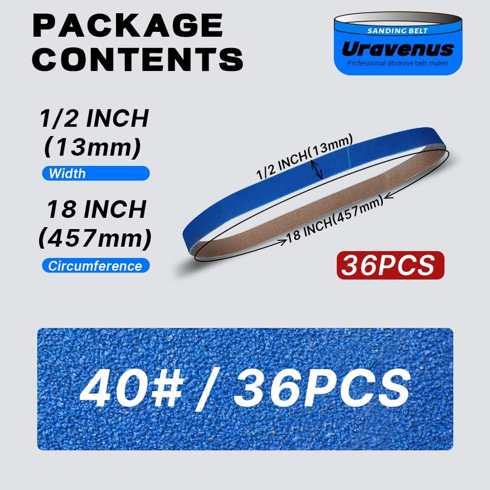 1/2 x 18 Inch Sanding Belts, 36 Pcs 40 Grit, Zirconia Sanding Belts for