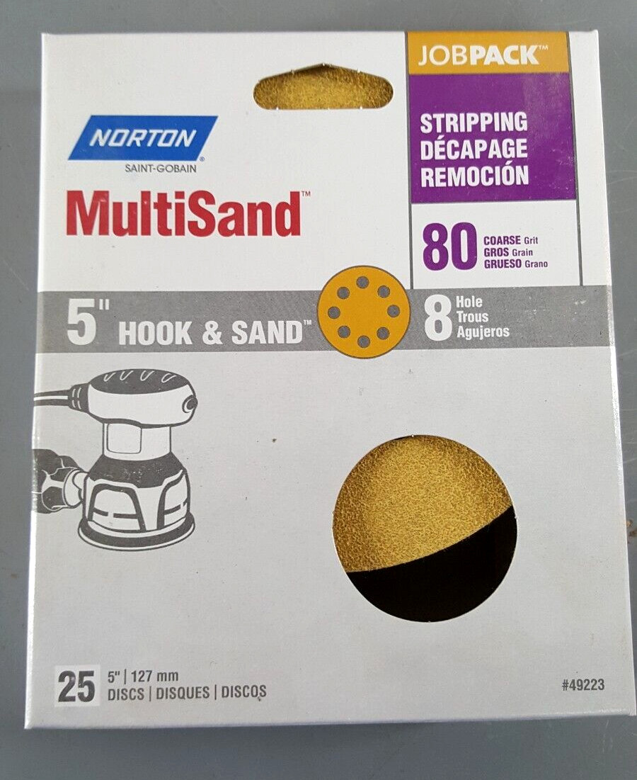 NORTON MULTISAND 5″ HOOK & SAND 8 HOLE SANDING DISCS 80 GRIT PACK OF 25 NEW NIB
