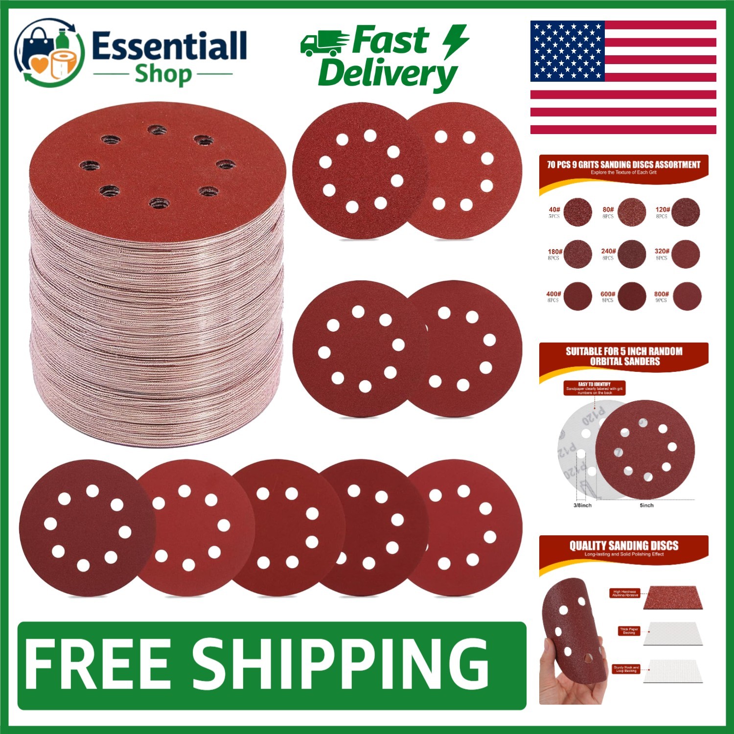 70 PCS 5 Inch Hook and Loop Sanding Discs Set – 9 Grit Levels for Orbital Sander
